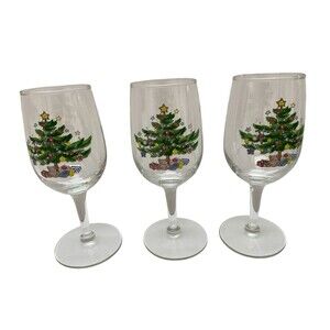 3 Nikko Happy Holidays Christmas Tree Stars 6-ounce Wine glasses goblets